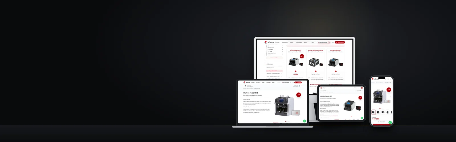 Mühlen para sayma makineleri kategori ve ürün sayfaları iMac, MacBook, iPad ve iPhone stüdyo sahnesi