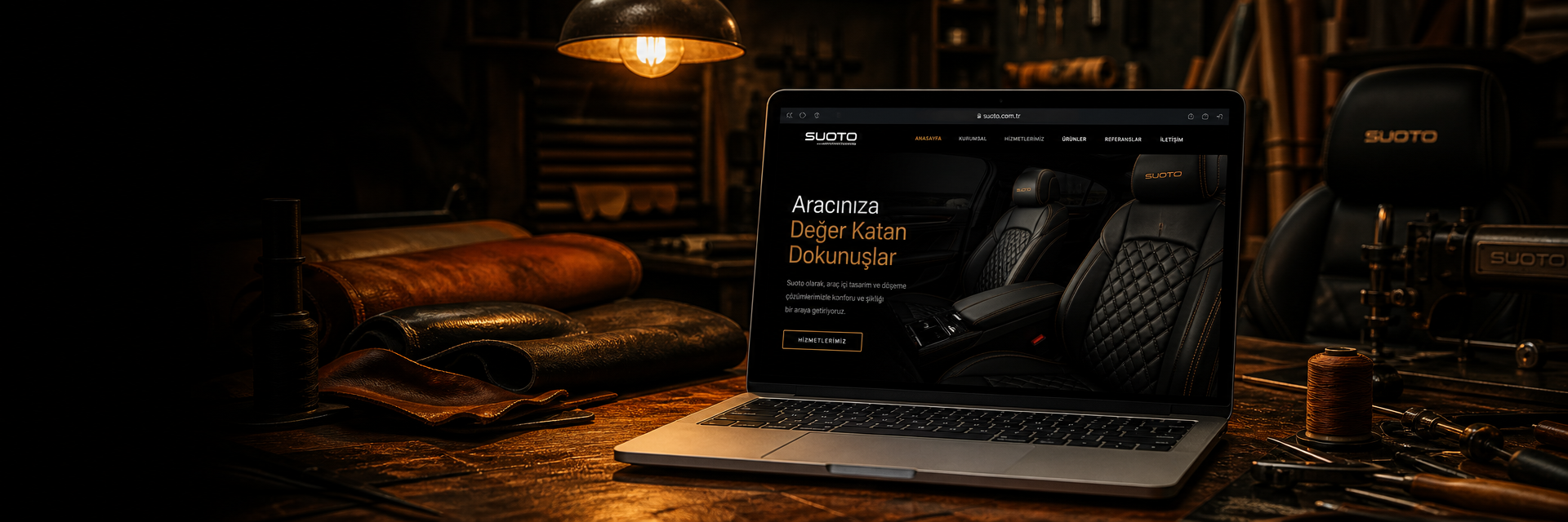 Su Oto premium otomotiv döşeme web sitesi laptop atölye sahnesi