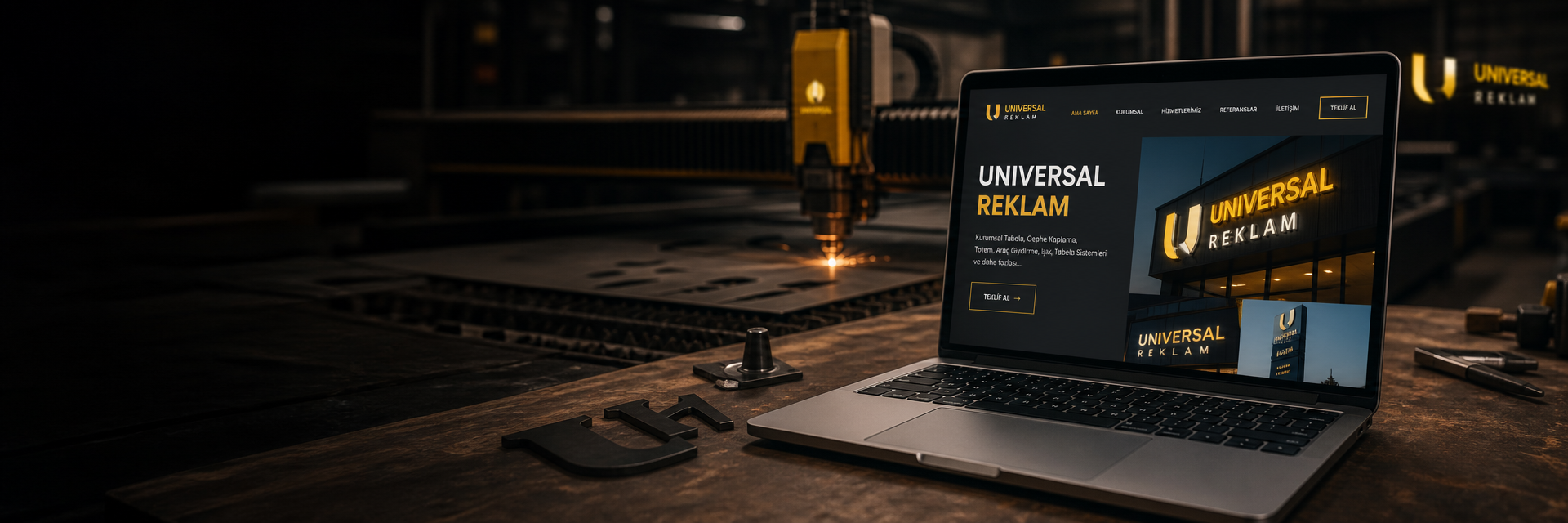 Universal Reklam web sitesi laptop lazer kesim atölyesi sahnesi