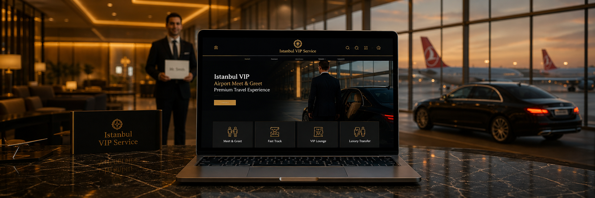 VIP Istanbul Service web sitesi laptop İstanbul Havalimanı VIP lounge sahnesi