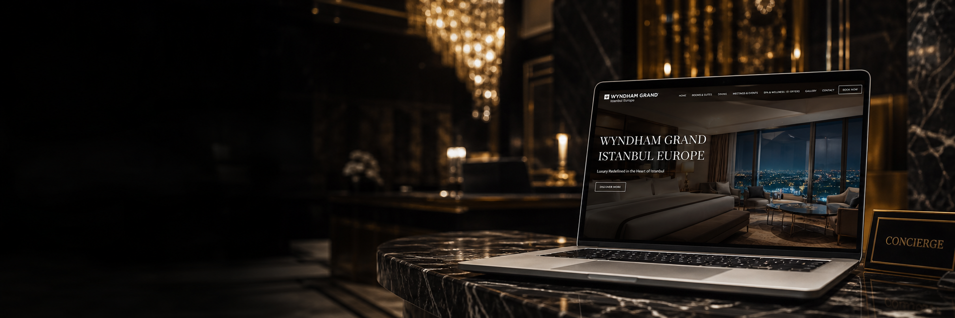 Wyndham Grand İstanbul Europe otel web sitesi laptop lobi sahnesi